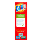 Tall narrow side panel of Brillo packaging with logo at top and environmental commitment panel plus small product images at bottom