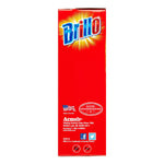 Plain red narrow side of Brillo packaging featuring the Brillo logo, manufacturer info and certification icons near the bottom