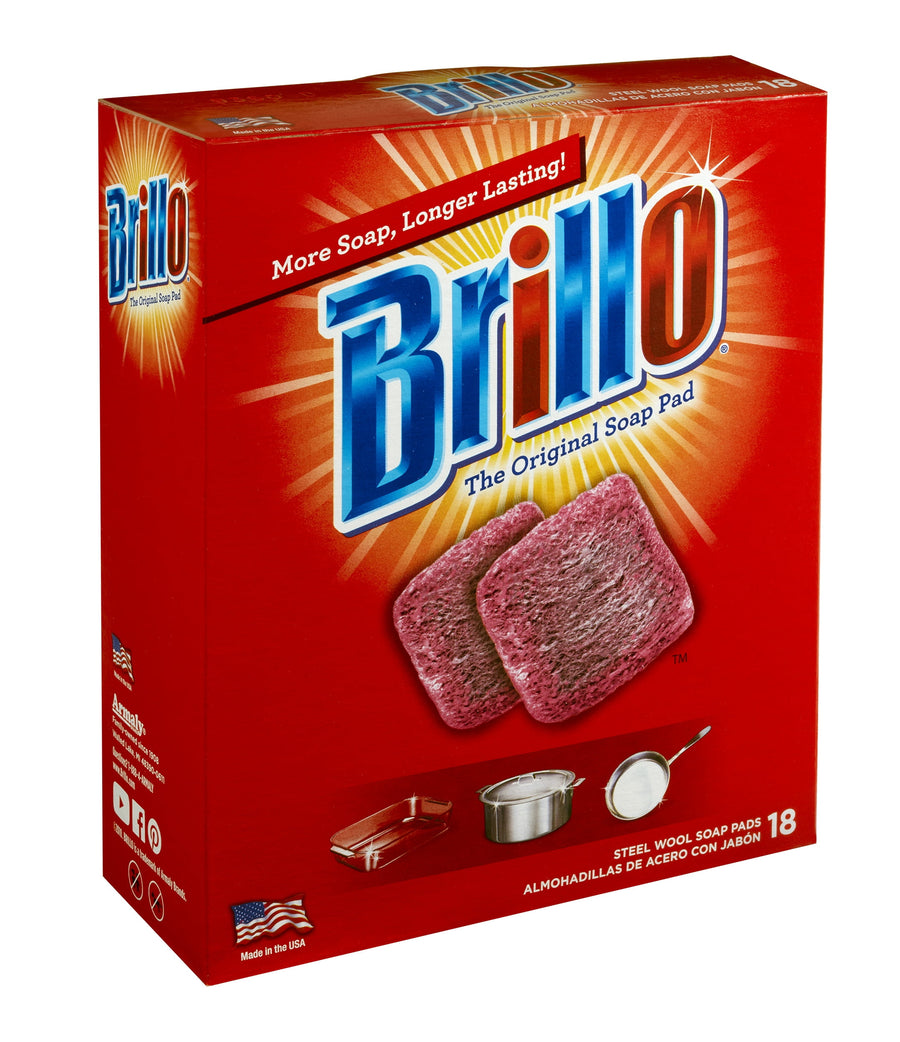 Single upright Brillo red box with large logo and two pink-gray steel wool soap pads pictured