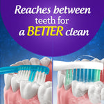 Illustrated comparison graphic showing toothbrush bristles reaching between teeth with headline about achieving a better clean