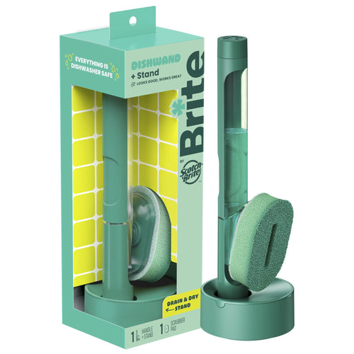 Brite by Scotch-Brite fillable dishwand with green scrubber shown in retail box and placed on matching drain-and-dry stand