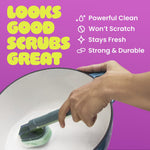 Hand scrubbing a pan with a green Brite dishwand; feature icons and text listing benefits appear on magenta background