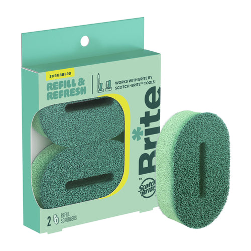 Packaged Brite scrubber refill box with two green oval foam scrub pads shown beside the packaging