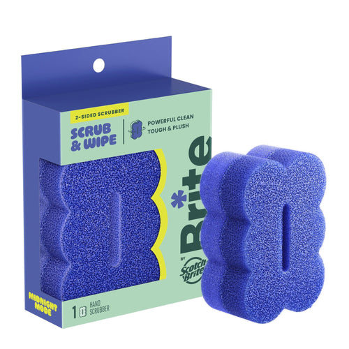 Blue flower-shaped two-sided scrub sponge shown packaged next to the loose sponge