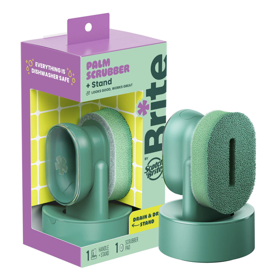 Brite by Scotch-Brite palm scrubber with matching drain-and-dry stand shown beside retail packaging on white background