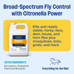 Informational panel with Farnam Bronco e jug and text about broad-spectrum fly control with citronella power