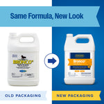 Side-by-side graphic showing old packaging on left and new Farnam Bronco e jug on right with 'Same Formula, New Look' header