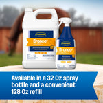 Product hero image of Farnam Bronco e 128 oz refill jug beside a 32 oz spray bottle on blurred outdoor background