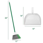 Graphic showing dimensions of a green-handled broom and white dustpan with measurement callouts