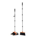 Two-piece broom and dustpan set shown separately, metal telescoping handles with black grips and orange-accented dustpan and broom head.