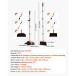 Dimensional diagram and assembly callouts for the broom and dustpan set with measurements and part illustrations on white background.