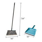 Graphic showing broom and dustpan dimensions with a 54-inch handle and 14-inch widths for both tools