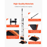 Annotated product graphic showing broom and dustpan with callouts for stainless steel handle, bristles, comb teeth and thickened dustpan body.