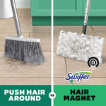 Split comparison showing a broom pushing hair vs. a Swiffer pad trapping hair with 'Push hair around vs Hair Magnet' text