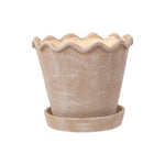 Brown ceramic planter with scalloped wavy rim and matching saucer on white background.