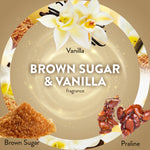 Circular graphic with vanilla flower, brown sugar and praline pieces surrounding the text Brown Sugar & Vanilla fragrance.