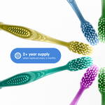 Angled toothbrush heads and handles in assorted colors with a blue callout stating ‘2+ year supply’