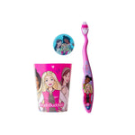 Unpackaged Brush Buddies Barbie set showing pink illustrated cup, matching pink toothbrush and round branded cap