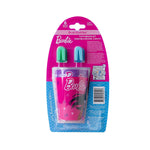 Rear view of Brush Buddies Barbie toothbrush set packaging showing the cup, two brush caps and product text panel