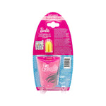 Back view of Brush Buddies Barbie toothbrush set packaging showing pink rinsing cup, product text and barcode