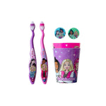 Unpacked Brush Buddies Barbie set showing two illustrated toothbrushes, a printed cup and two round decorative caps