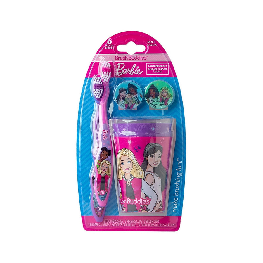Packaged Brush Buddies Barbie toothbrush set with illustrated cup, two toothbrushes and two decorative brush caps