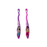 Two Brush Buddies Barbie children’s manual toothbrushes with illustrated character graphics on white background
