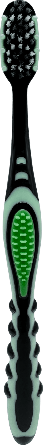 Full-length view of a Brush Buddies toothbrush showing charcoal bristles and a green textured grip
