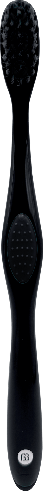 Full-length studio image of a black Brush Buddies toothbrush with black grip pad and charcoal-infused bristles.
