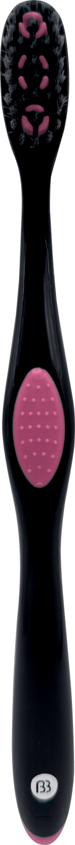 Full-length studio image of a black Brush Buddies toothbrush with pink grip pad and charcoal-infused bristles.