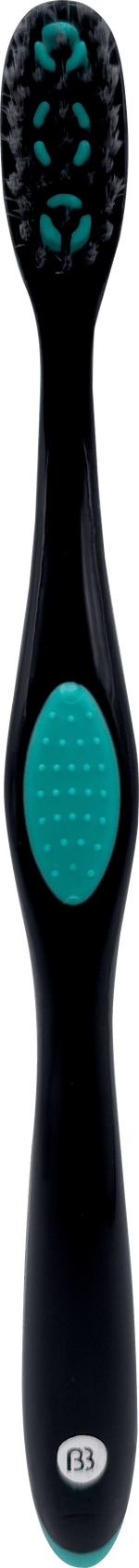 Full-length studio image of a black Brush Buddies toothbrush with teal grip pad and charcoal-infused bristles.