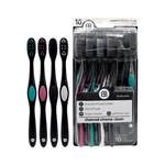 Packaged Brush Buddies family pack of black charcoal toothbrushes with colored grip accents and visible blister pack.