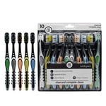 Packaged family pack of Brush Buddies charcoal-infused toothbrushes showing assorted handles and bristles