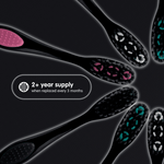 Graphic close-up of multiple Brush Buddies charcoal toothbrush heads arranged in a circle with text callout stating a 2+ year supply.