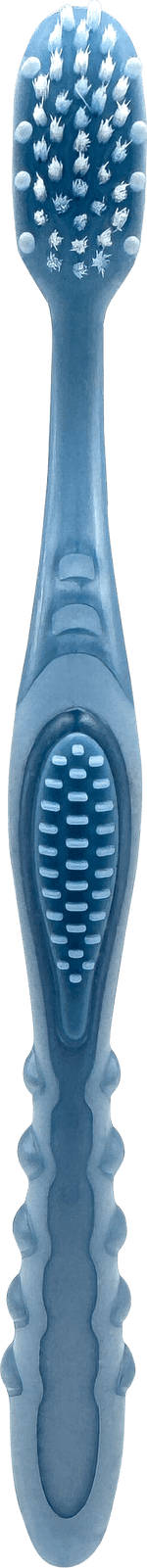 Vertical close-up of a Brush Buddies toothbrush showing bristles, textured grip and rubber insets on the handle