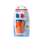 Rear view of Brush Buddies Hot Wheels toothbrush blister pack showing an orange rinsing cup, two brush caps and product information panel