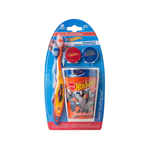 Blister-packaged Brush Buddies Hot Wheels toothbrush set showing two child toothbrushes, a Hot Wheels cup and two round brush caps