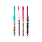 Four individual Brush Buddies Squishmallows toothbrushes standing upright showing patterned handles and colored brush heads