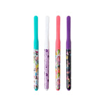 Overhead view of four Brush Buddies Squishmallows toothbrushes with solid colored necks and decorative character-patterned handles