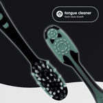Close-up of toothbrush head and reverse side showing textured tongue cleaner with benefit text