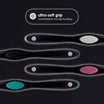 Overhead view of multiple Brush Buddies toothbrush handles highlighting ultra-soft grip feature with colored grip pads.