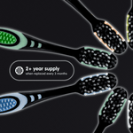 Close-up graphic of multiple Brush Buddies toothbrush heads fanned out with 2+ year supply callout