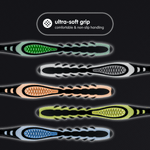 Graphic of multiple Brush Buddies handles showing ultra-soft grip text and colored grip inserts