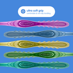 Five Brush Buddies toothbrush handles in different colors shown horizontally with ‘ultra soft grip’ label