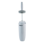 White Bath Bliss toilet brush lifted above its matching holder showing the brush head seated inside the open-top container
