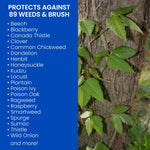 Informational panel listing weeds and brush protected against, beside a tree trunk with vine leaves