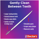 Illustration of a dual-ended interdental brush and pick with benefits listed on purple gradient background and The Doctor’s logo