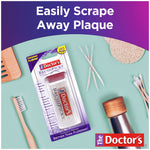Flat-lay lifestyle image of The Doctor’s BrushPicks package with dental care items and marketing headline