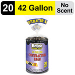 Package of Brute Super Tuff 42 gallon contractor bags with black and purple label and a banner showing 20 and No Scent