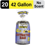 Tall packaged roll of Brute Super Tuff 42 gal contractor bags with purple label and clear tied top beneath product size banner